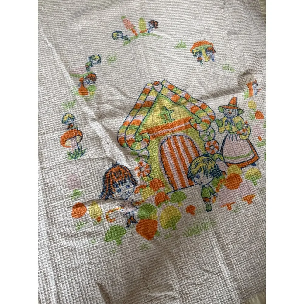 Vintage‎ Hansel & Gretel satin trimmed waffle knit mushroom print orange blanket